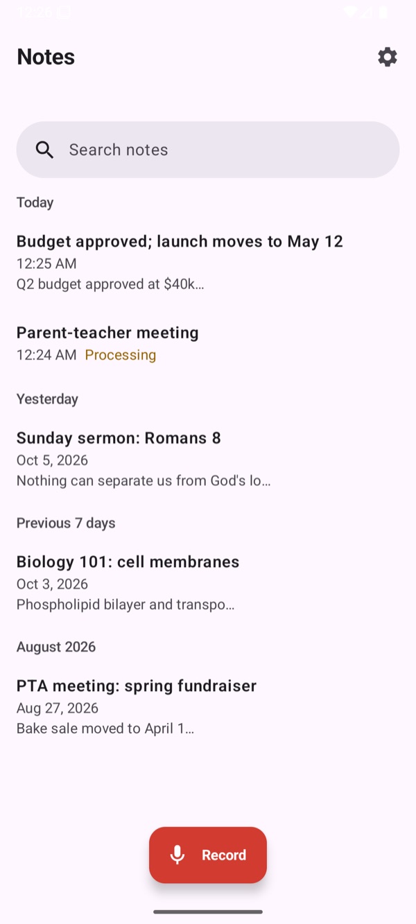 PeaceLingo on an Android phone: searchable notes by date and a Record button