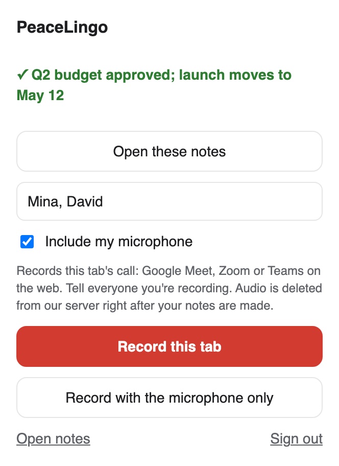 The PeaceLingo Chrome extension: notes from the last call are ready, with Record this tab and Record with the microphone only